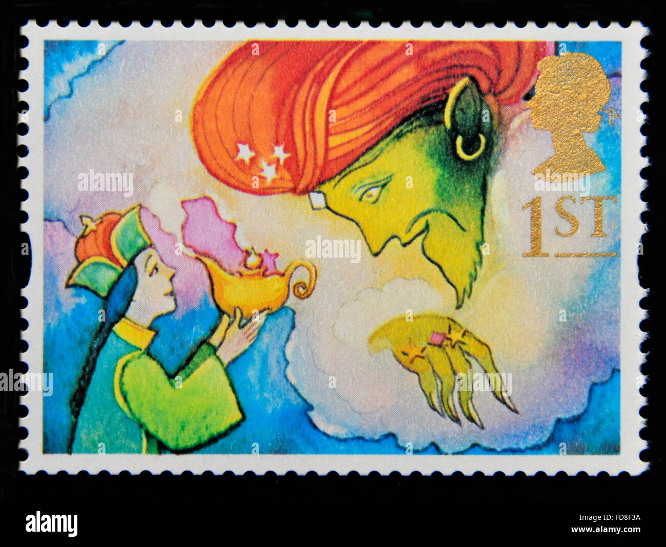 Briefmarken. Great Britain. Königin Elizabeth II. 1993. Grüße Briefmarken. "Schenken". Alladdin und die Genie.1st. Stockfoto