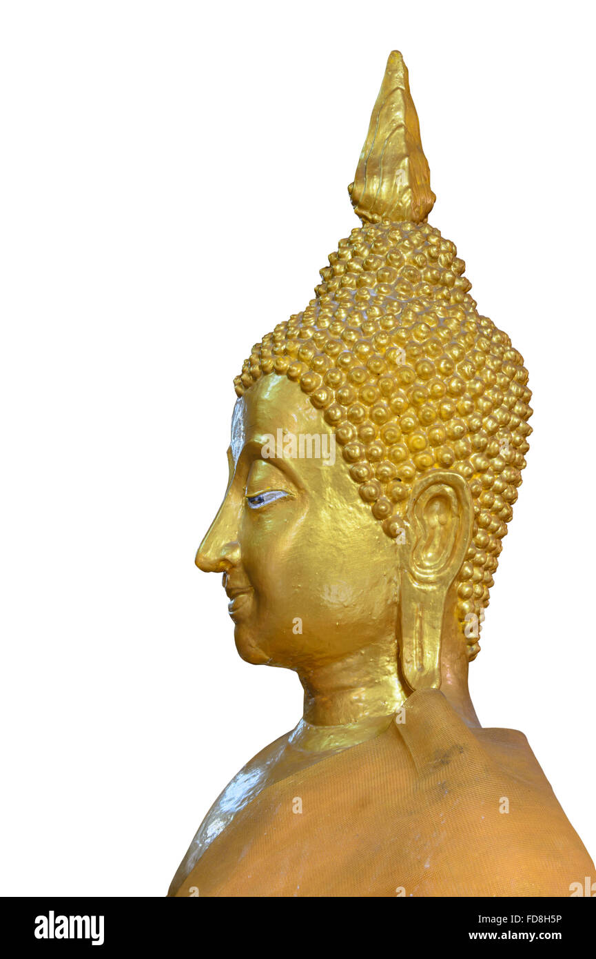Gesicht von Lord Buddha, native Thai-Stil auf weißem Hintergrund. Stockfoto