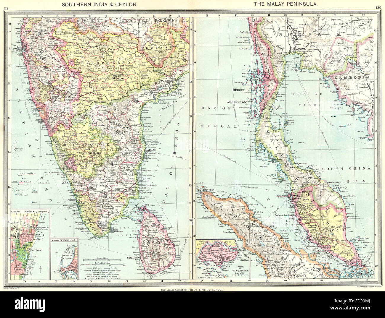 Süd-Indien: Sri Lanka; Malaiische Halbinsel; Chennai; Colombo; Singapur, 1907 Karte Stockfoto