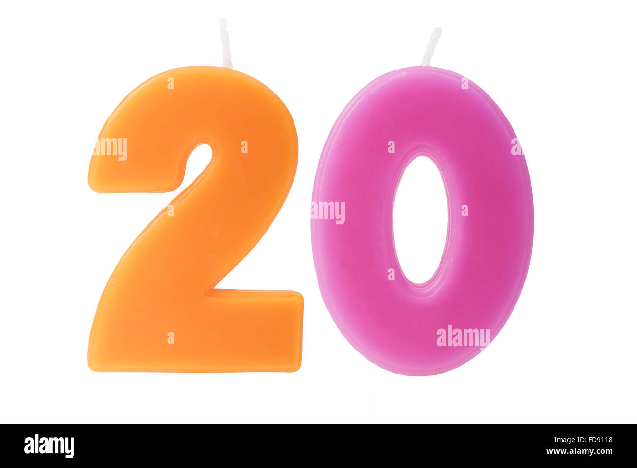 Bunte Geburtstagskerzen in Form der Zahl zwanzig auf weißem Hintergrund Stockfoto