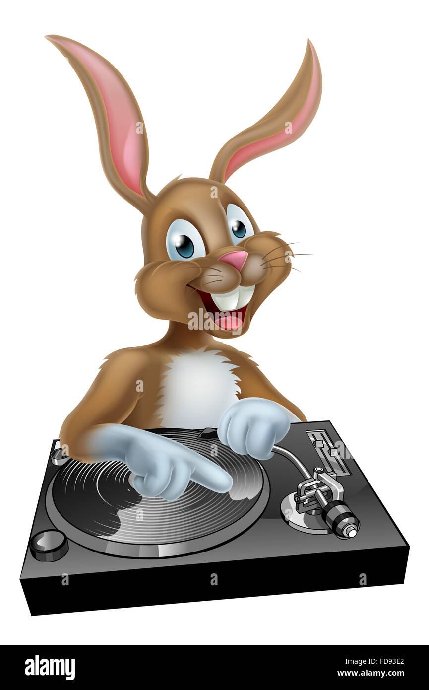 Cartoon Ostern Hase DJ mischen auf die Decks oder Plattenspieler Stockfoto