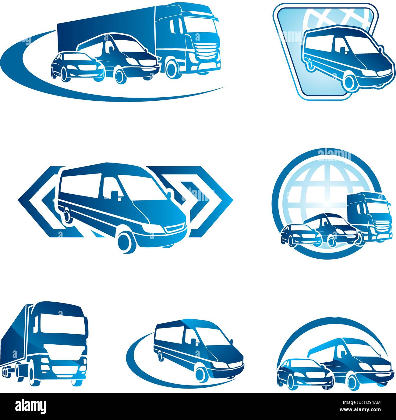 Firmenlogos mit Oldtimer Autos und Lastwagen Silhouetten Stock Vektor