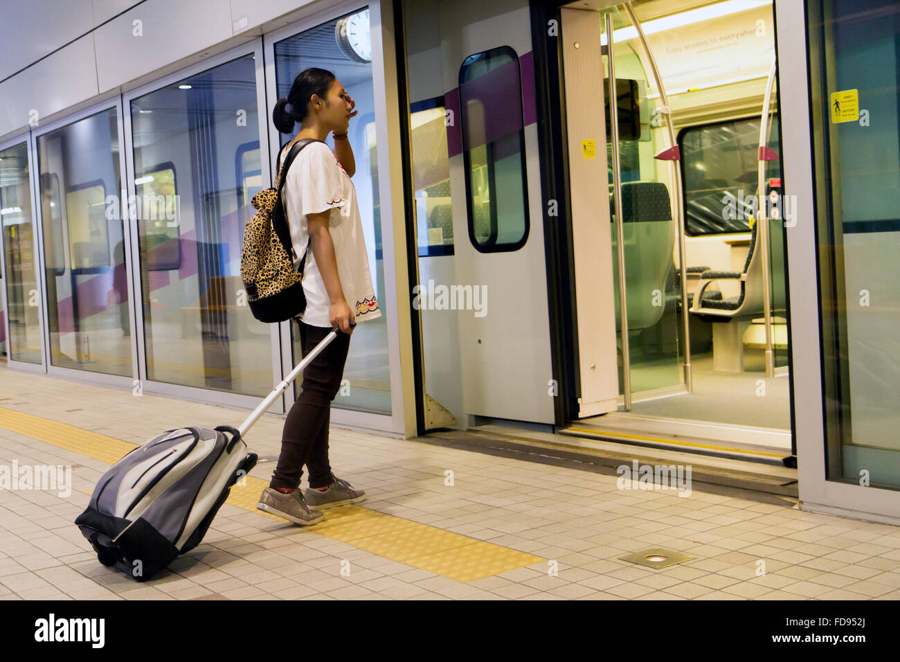 Frau mit Gepäck in den Zug Stockfoto