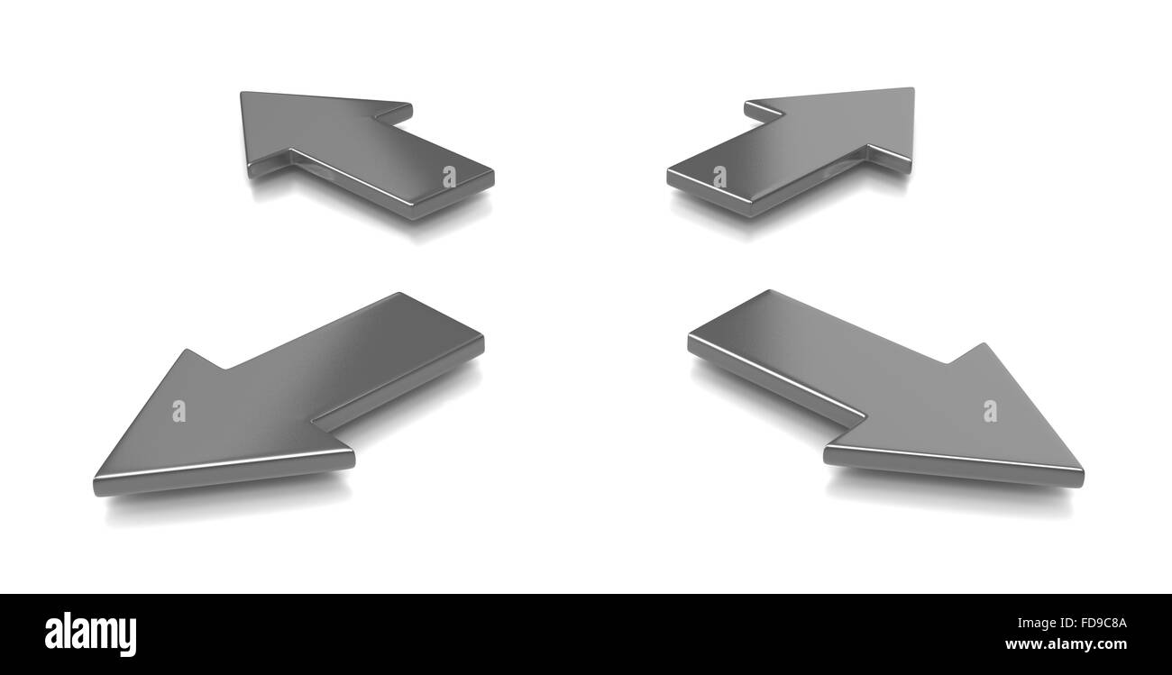 3D Illustration vier metallischen abweichende Pfeile auf weißem Hintergrund Stockfoto