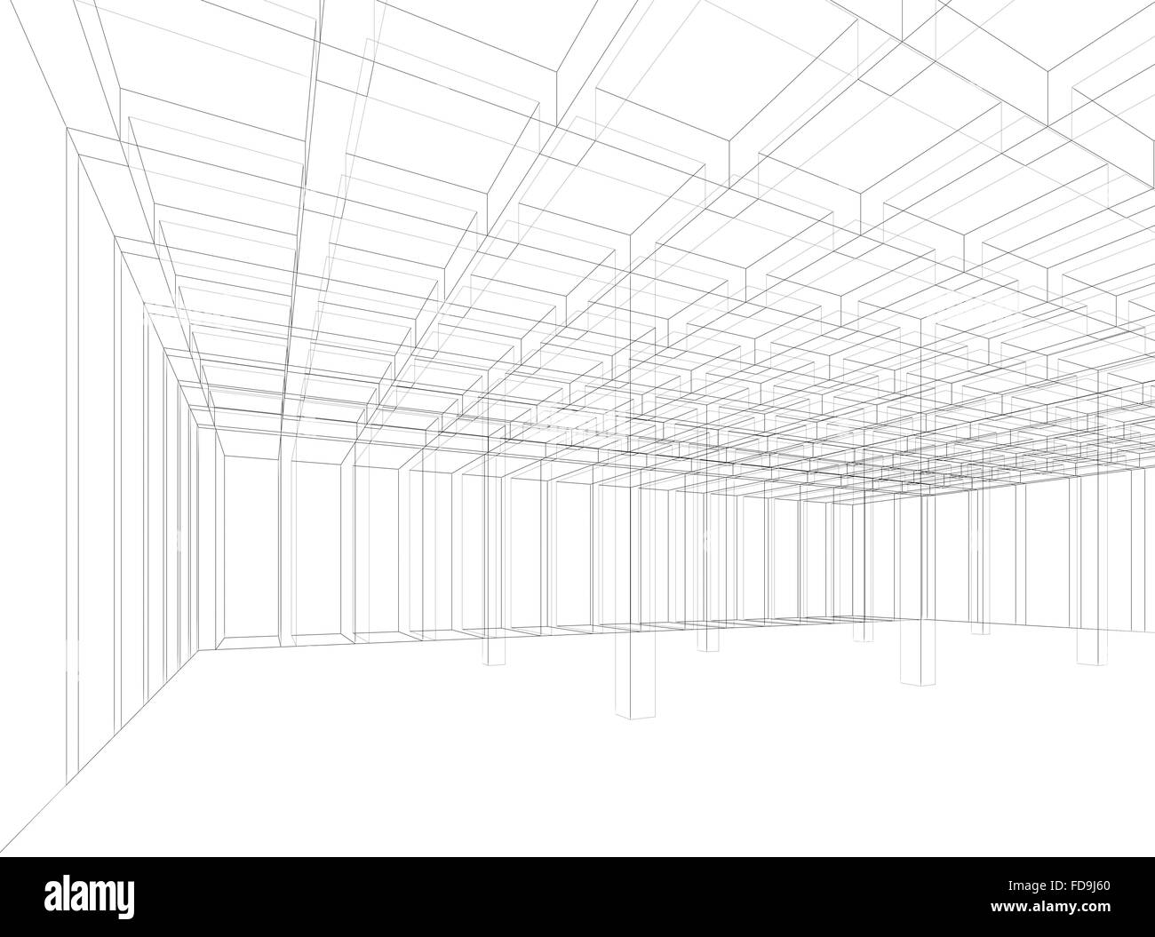 Digitalen Hintergrund, leeren Innenraum 3D-Struktur Wire Frame Linien auf weißem Hintergrund Stockfoto