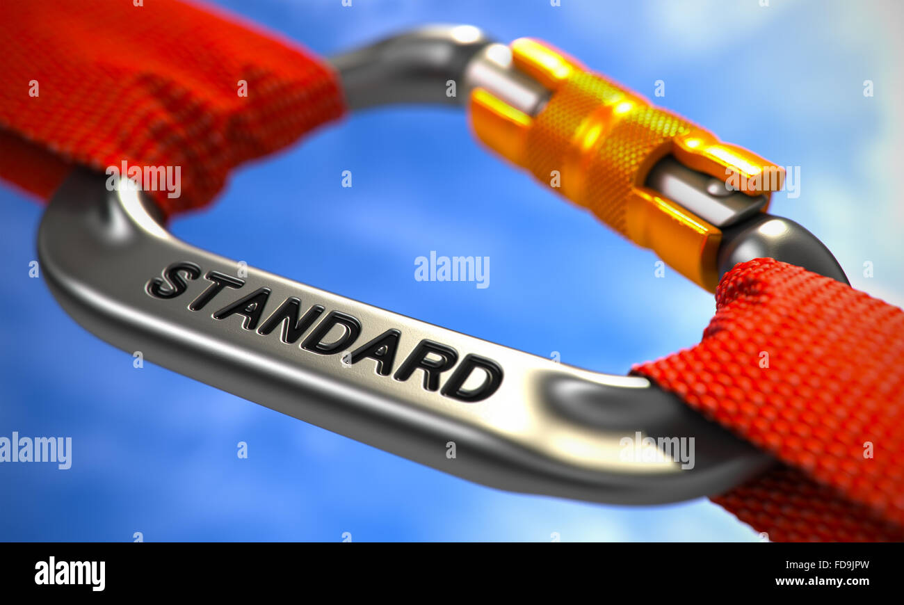 Rote Seile durch Chrome Karabinerhaken mit Text Standard verbunden. Selektiven Fokus. Stockfoto