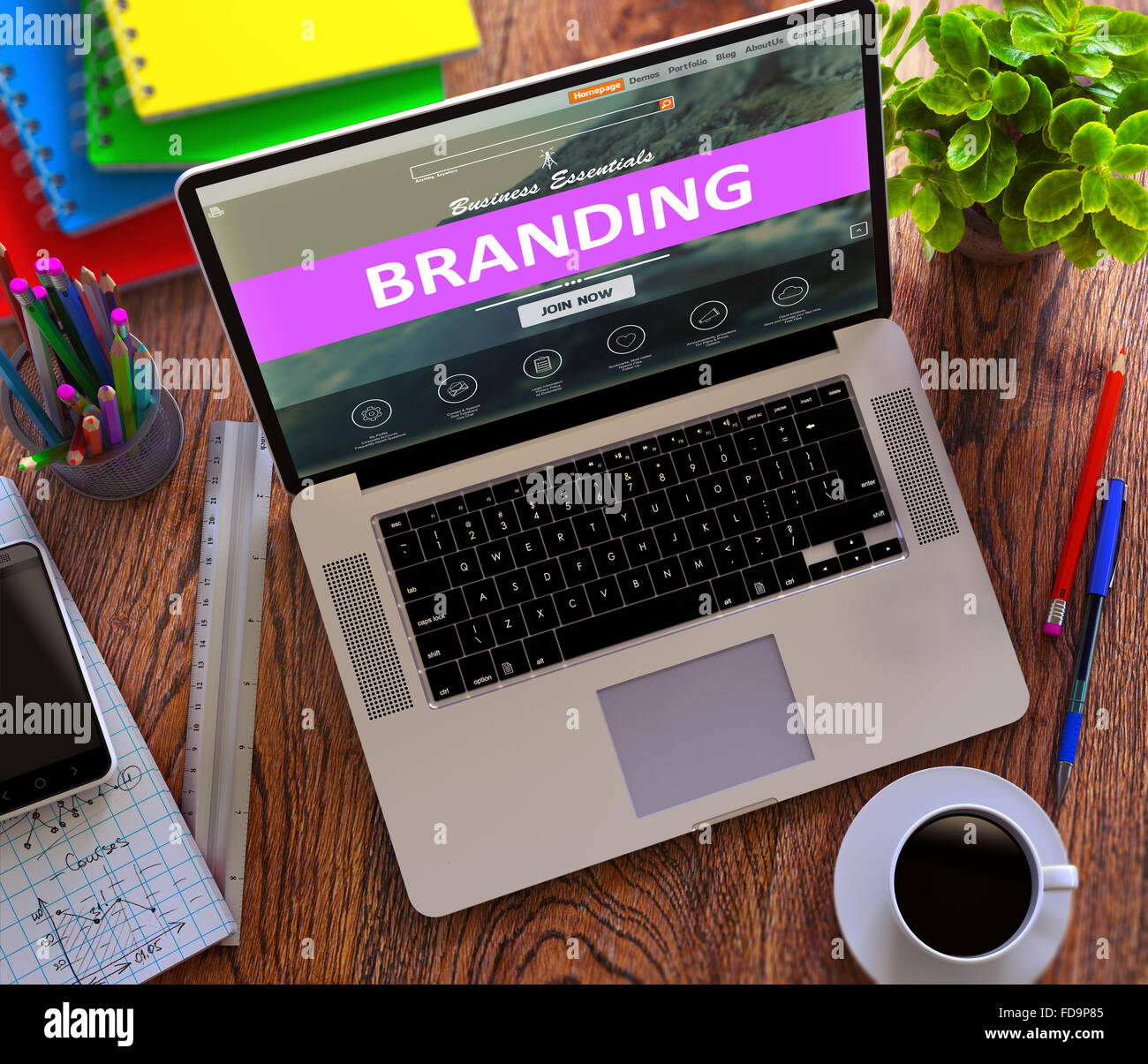 Branding - Landing-Page auf Laptop-Bildschirm. Vertriebs- und Marketingkonzept. Stockfoto
