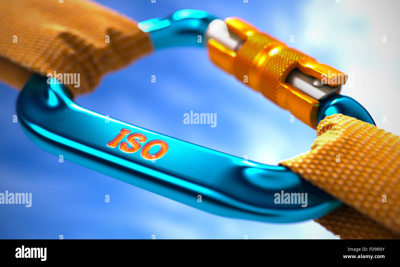 ISO - internationale Organisation Standardisierung - auf blau Karabiner mit einem Orange Seile. Selektiven Fokus. Stockfoto
