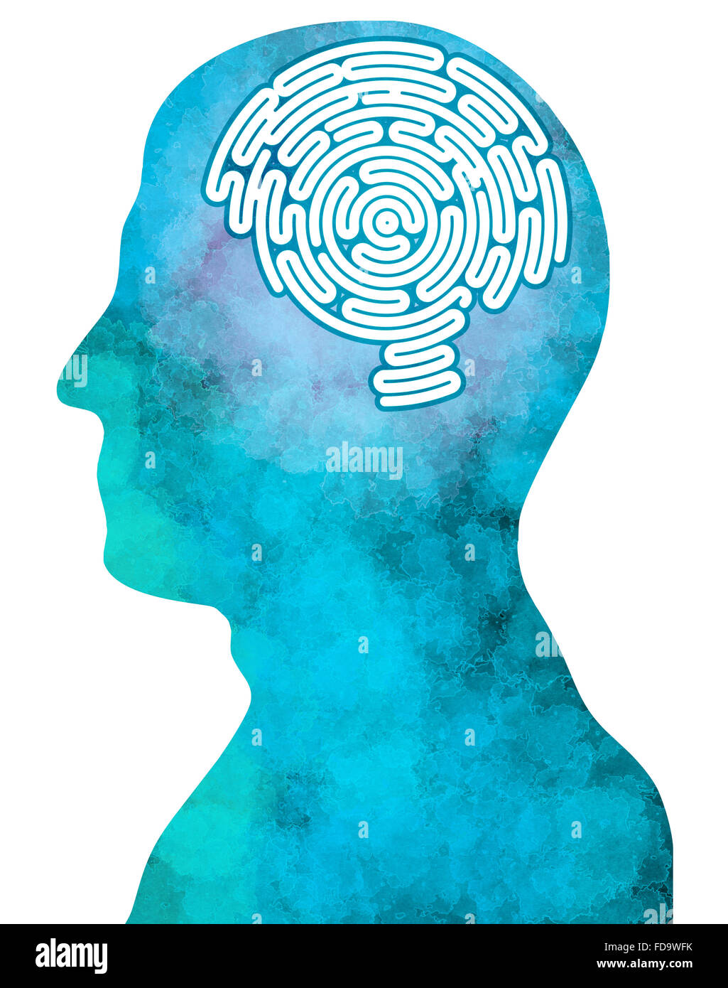 Gehirn-förmigen Labyrinth in einem Kopf im Profil, Seitenansicht Stockfoto