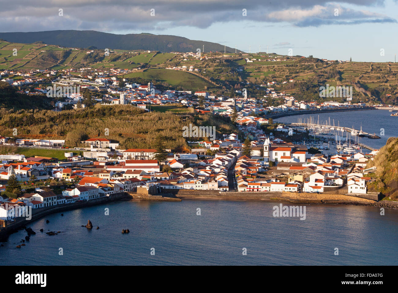 Panoramablick von Horta Stadt, Insel Faial, Azoren, Portugal Stockfoto
