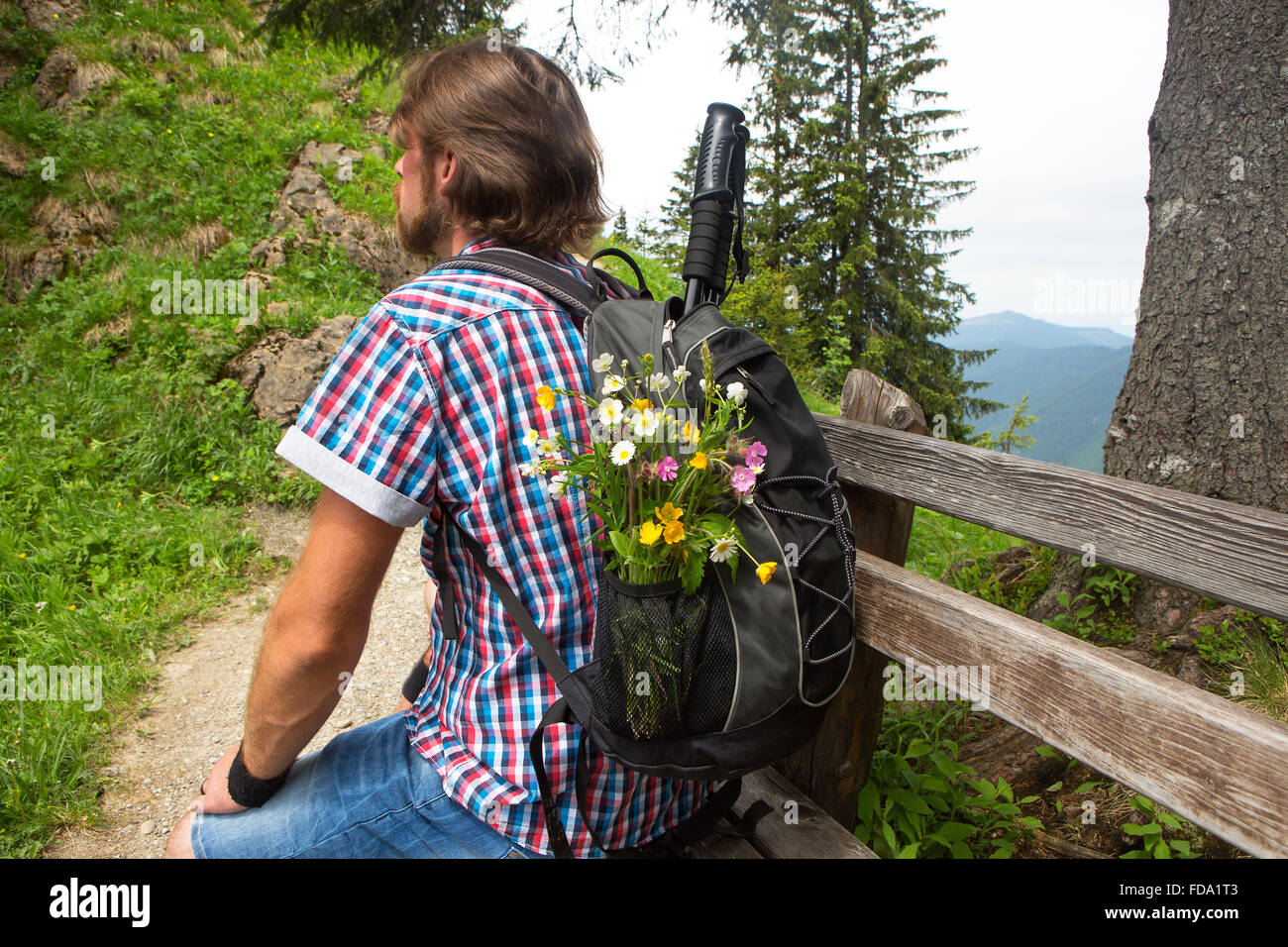 Wanderer mit Rucksack und Stöcken in den bayrischen Bergen, Deutschland Stockfoto
