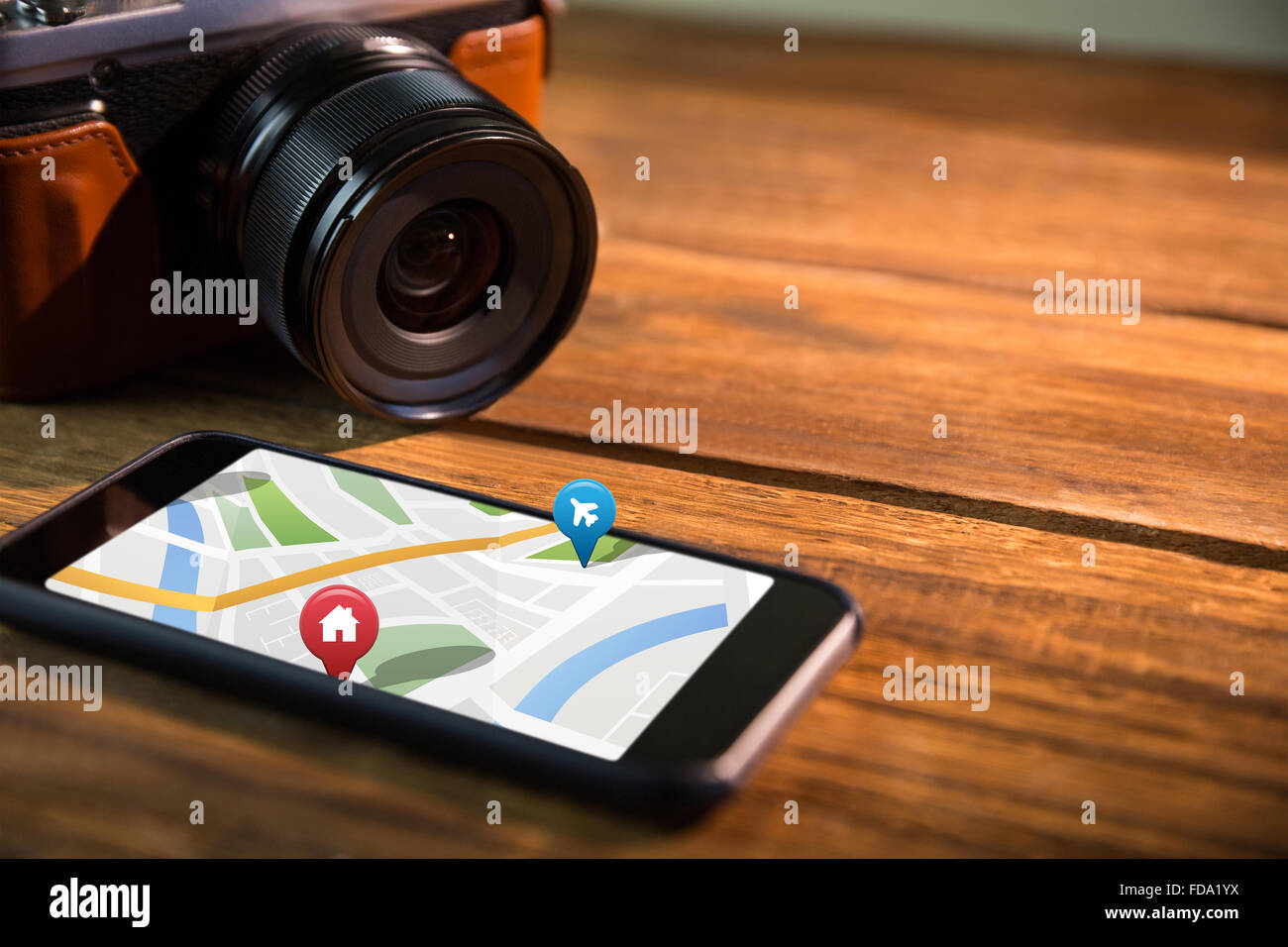 Zusammengesetztes Bild von bunten Navigation Zeigern mit verschiedenen Darstellungen auf Karte Stockfoto