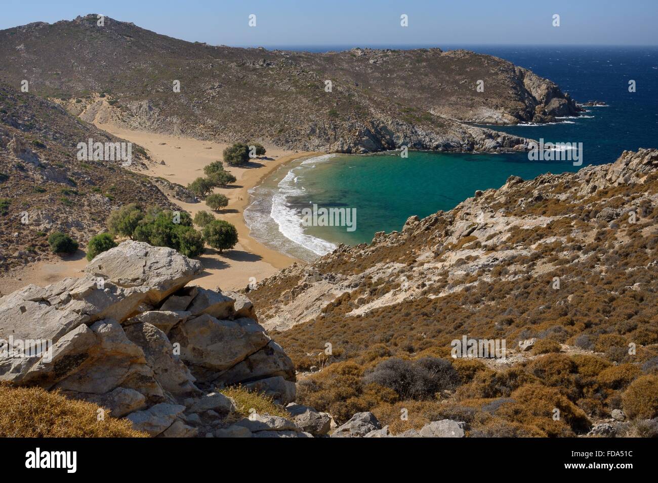 Übersicht über remote Psili Ammos Strand, Patmos, Dodekanes, Griechenland. Stockfoto