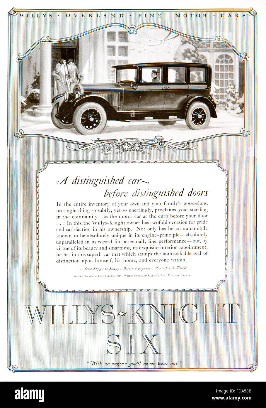 1920er Jahre Autowerbung, Willys Knight sechs, motor Werbung von 1926, International, Studio, Magazin Stockfoto