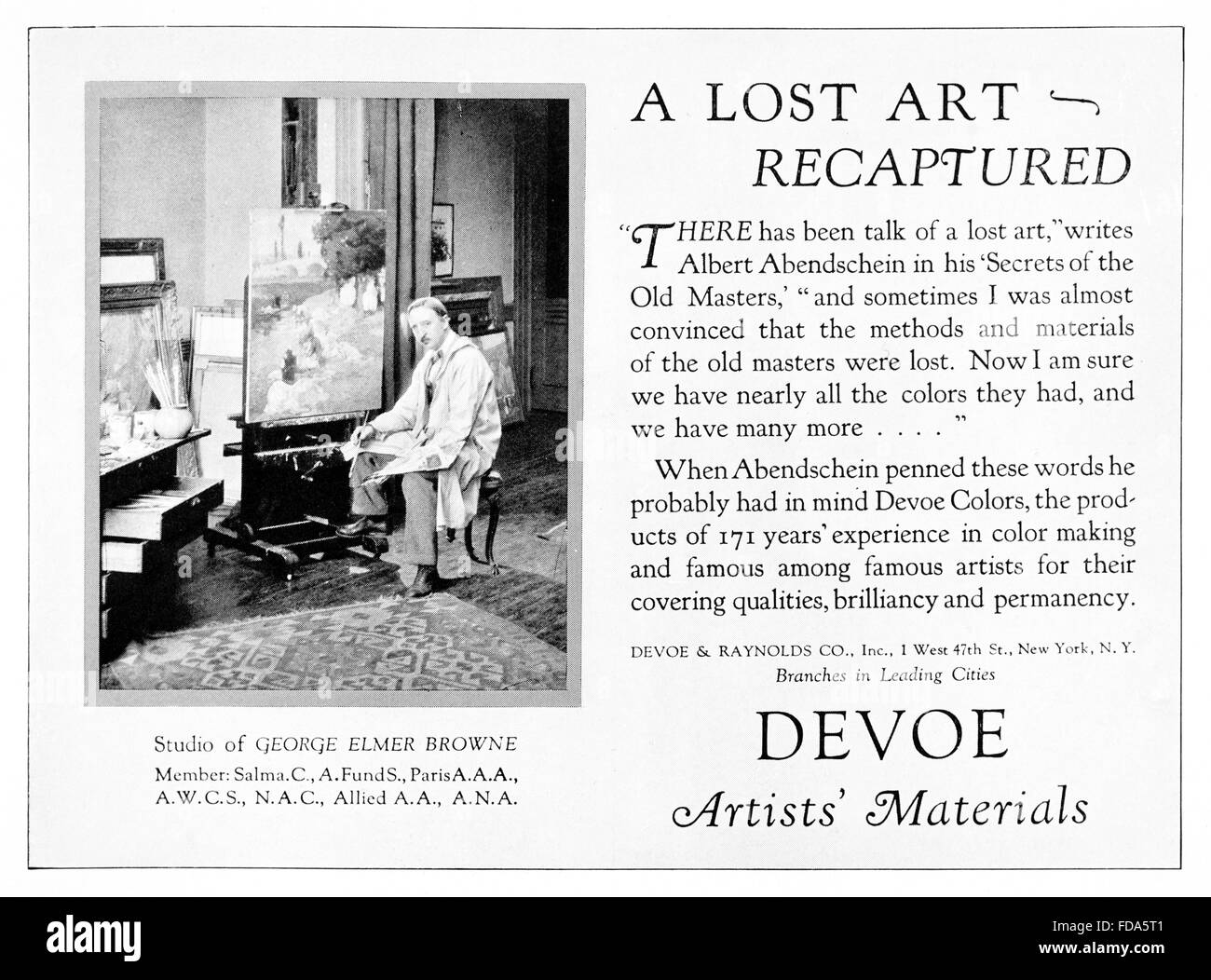 Atelier des George Elmer Browne, des Künstlers Devoe Materialien, Werbung von 1926 International Studio Magazin Stockfoto