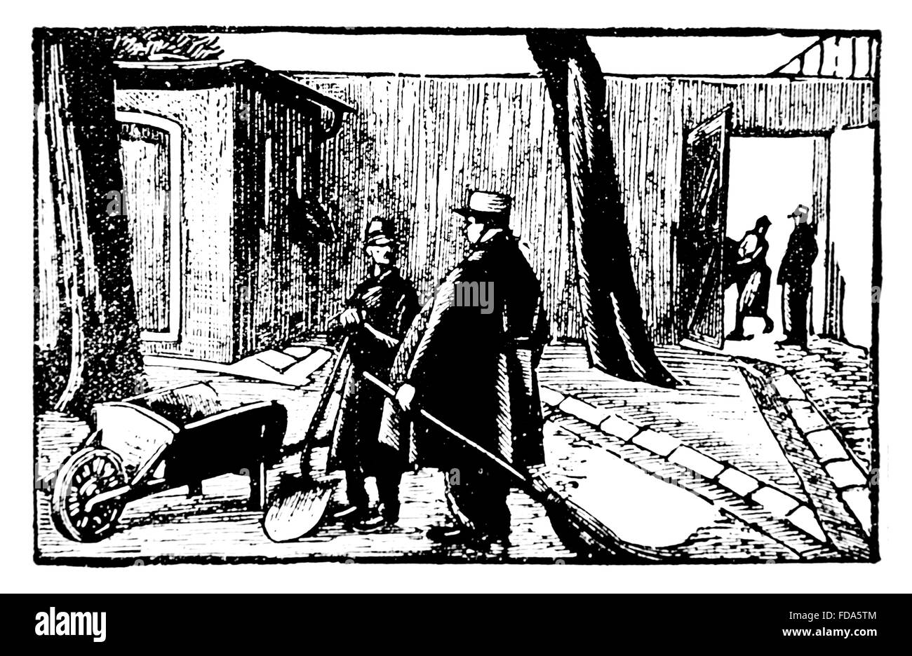 Straßenreinigung Holzschnitt von Auguste Roubile, für Grandgoujon durch René Benjamin, Illustration, 1926 International Studio Magazin Stockfoto