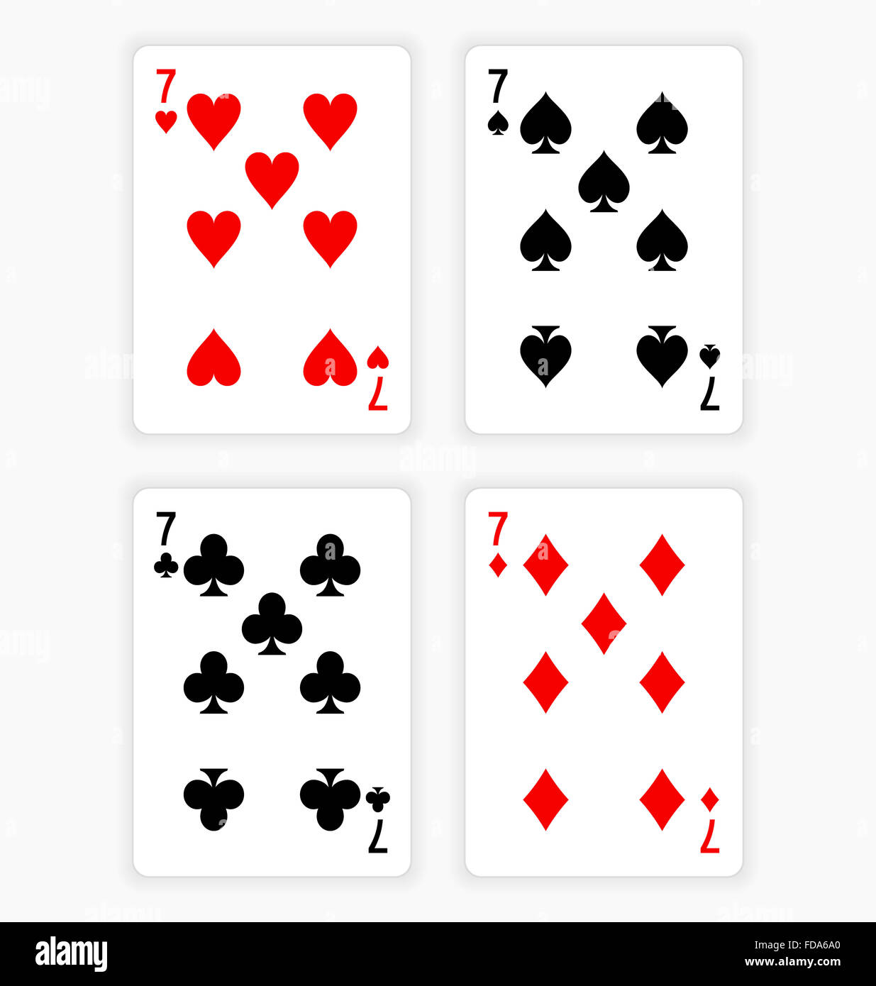 Spielkarten Sevens von jeder Farbe zeigen Stockfoto