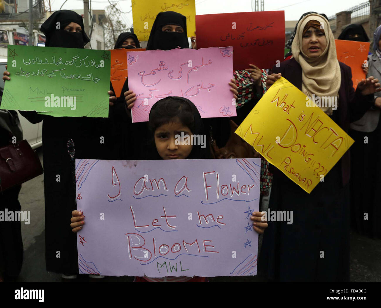 Verwandte und Eltern der Armee Public School Märtyrer protestieren gegen Terrorismus während der Demonstration in Peshawar Presseclub am Freitag, 29. Januar 2016. Stockfoto