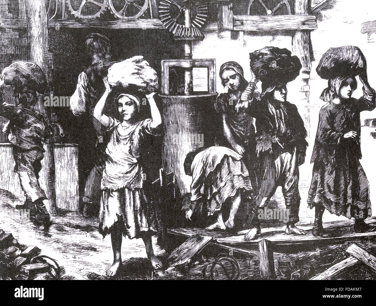 ZIEGELHERSTELLUNG AT ASHTON-unter-LYME, England im Jahre 1871. Kinder, die die komprimierten Tonklumpen, wie in George Smith-Broschüre "Der Schrei der Kinder aus der englischen Ziegeleien" beschrieben. Aus der Grafik 27. Mai 1871 Stockfoto