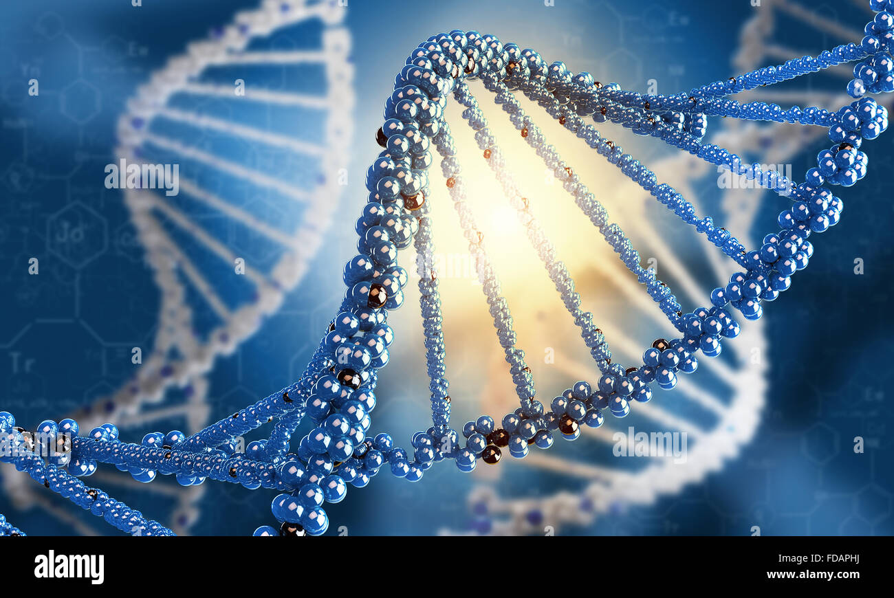 Konzept der Biochemie mit DNA-Molekül auf blauem Hintergrund Stockfoto