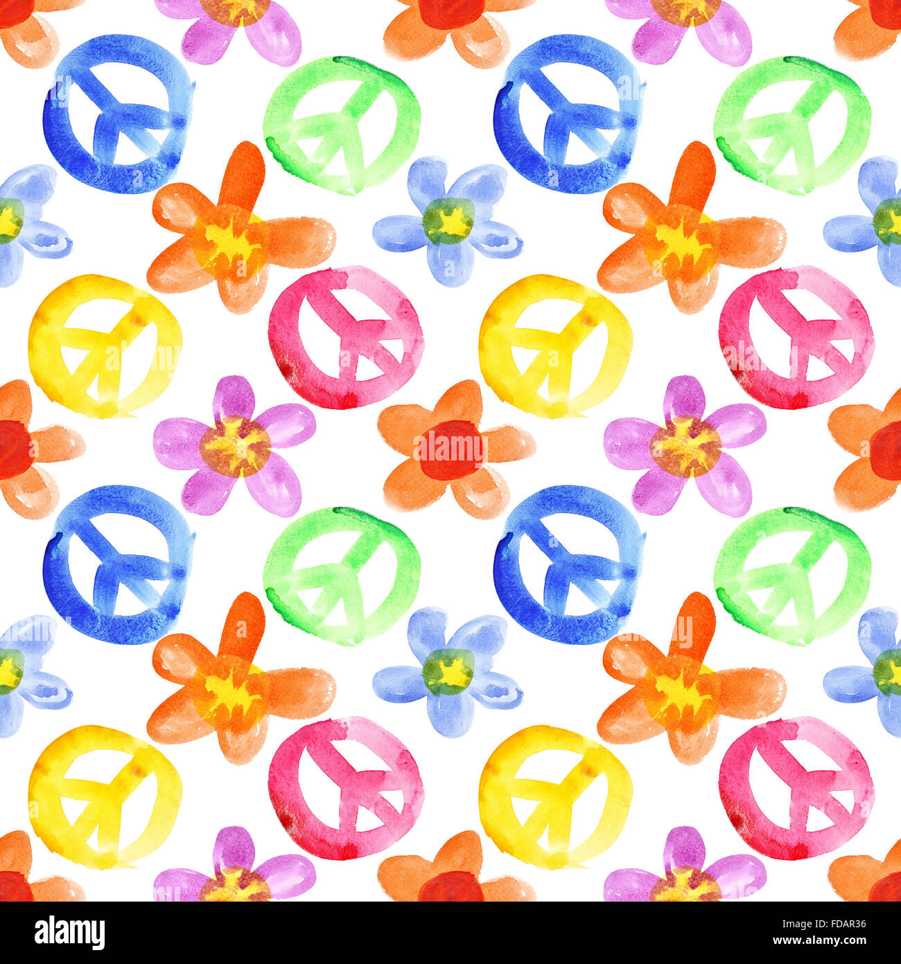 Bunte Peace-Zeichen und Blumen - nahtlose Hintergrund Stockfoto