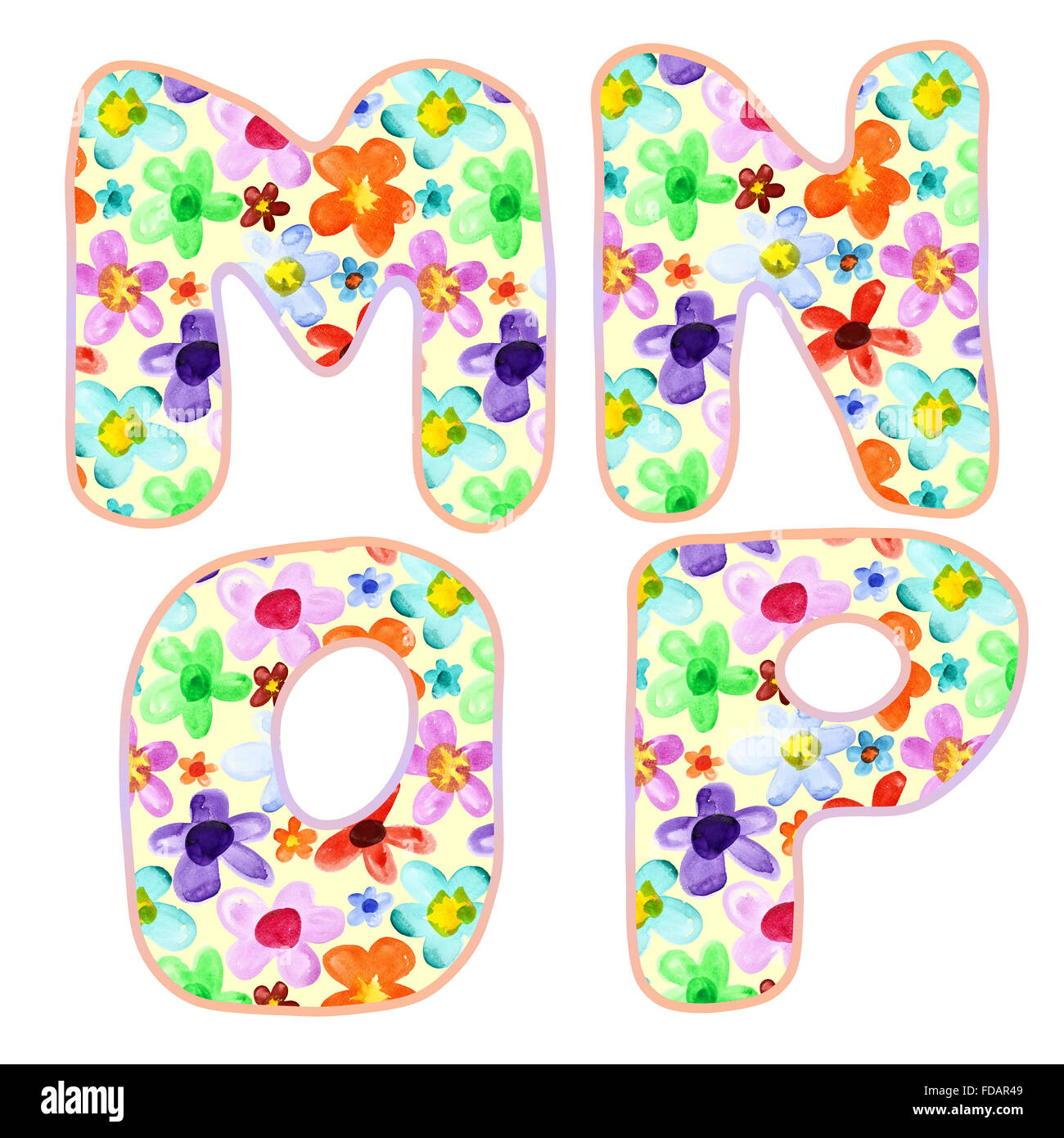 Alphabet mit bunten Aquarell Blumenmuster. Buchstaben M, N, O, P Stockfoto