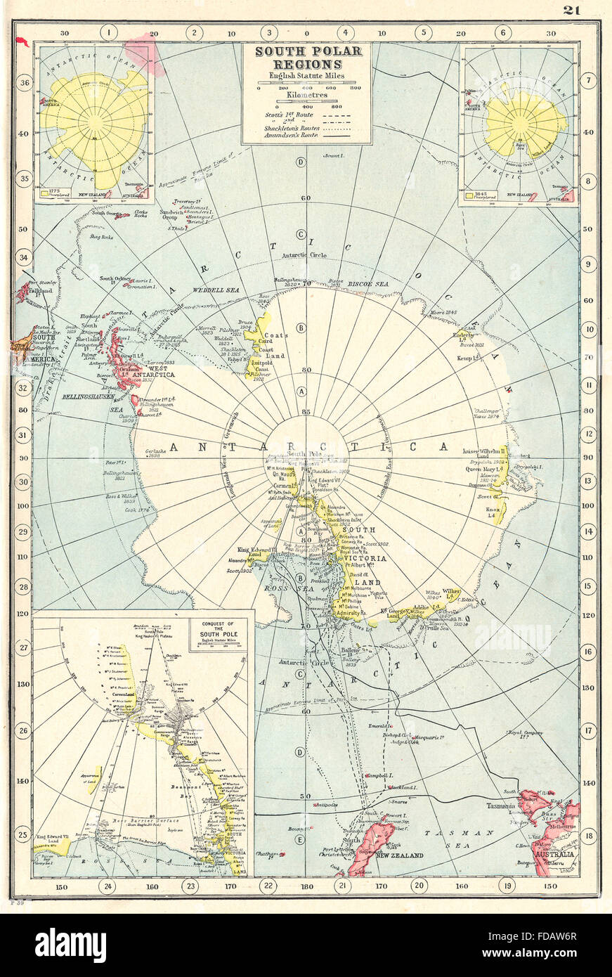 Antarktis: Südpol zeigt Entdecker-Routen & Amundsens Eroberung, Karte 1920 Stockfoto