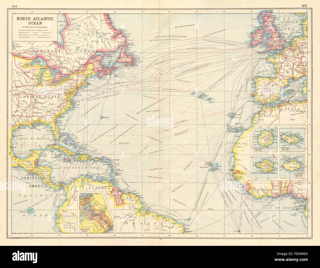 NORTH ATLANTIC OCEAN: Einpresstiefe Panamakanal; Gran Canaria; Madeira. Kabel, 1920-Karte Stockfoto