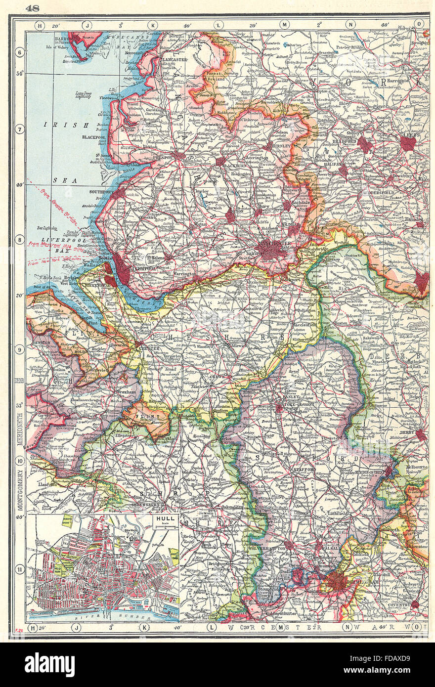 ENGLAND-Nord-WEST: Lancashire Cheshire & Staffordshire. Hull, 1920 Karte einfügen Stockfoto