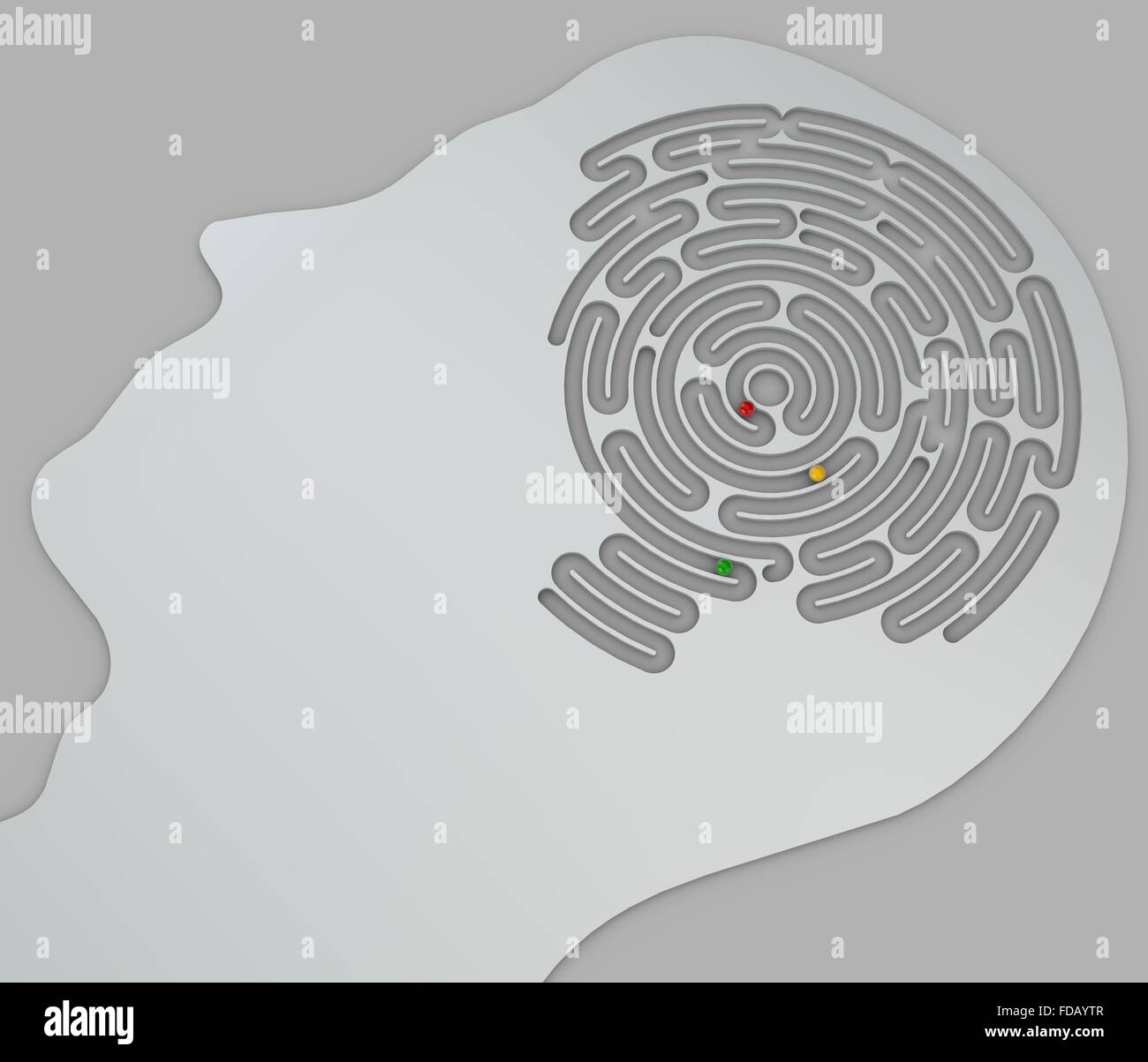 Gehirn-förmigen Labyrinth in einem Kopf im Profil, Seitenansicht. Abschnitt ein Gehirn-förmigen Labyrinth Stockfoto