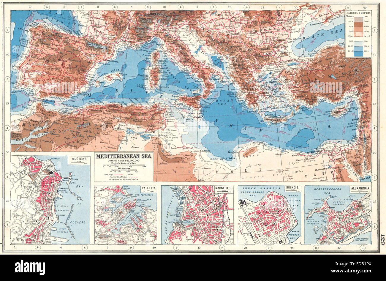Mittelmeer & PORTS: Algier Valletta Marseille Brindisi Alexandria, 1920-Karte Stockfoto
