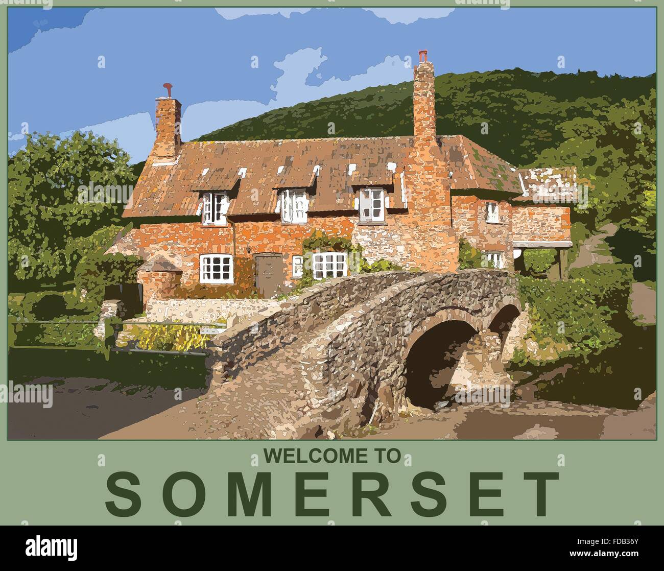 Ein Plakat Stil Illustration aus einem Foto von Allerford Dorf, Exmoor National Park, Somerset, England, UK Stockfoto