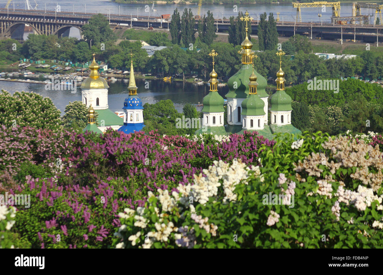 Kiew Botanischer Garten im Frühjahr. Blick auf das Vydubichi Kloster und Dnjepr. Kiew, Ukraine Stockfoto