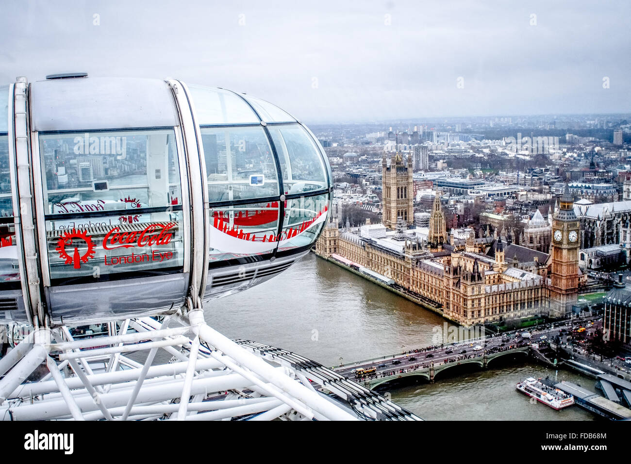 London Eye mit Blick auf Big Ben, Houses of Parliament und Westminster Bridge Stockfoto