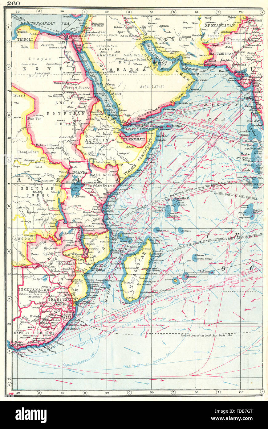 Indischen Ozean WEST: Afrika. Britische Empire.Shows Winde & Meeresströmungen, 1920-Karte Stockfoto