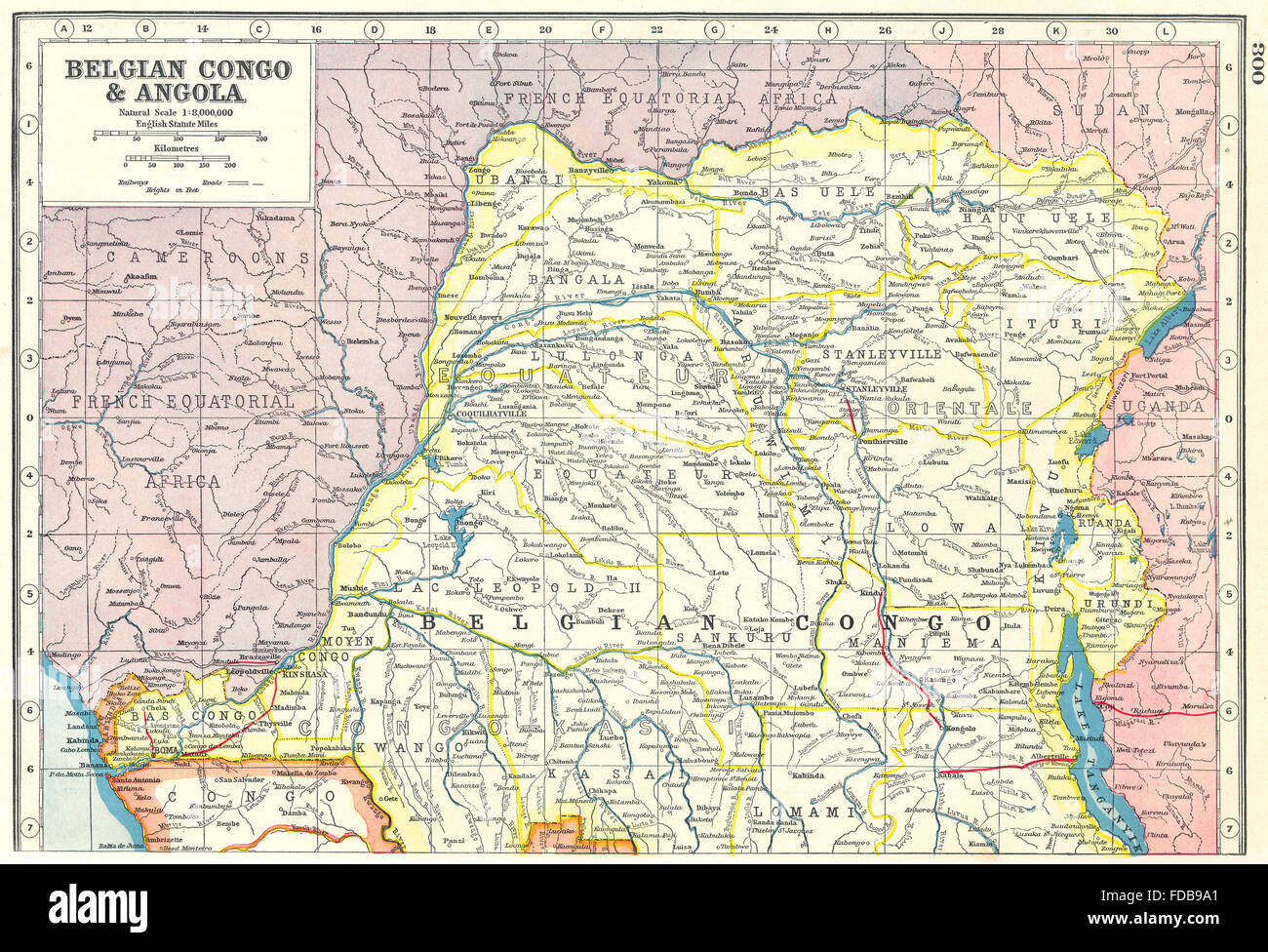 Belgisch-Kongo Norden: Demokratische Republik Kongo. Eisenbahnen, 1920 Vintage Karte Stockfoto
