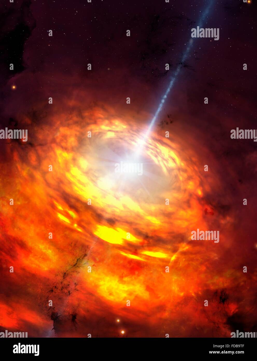 Kunstwerk von einem aktiven galaktischen Kern. Viele, vielleicht die meisten großen Galaxien werden gedacht, um supermassive schwarze Löcher im Hafen Stockfoto