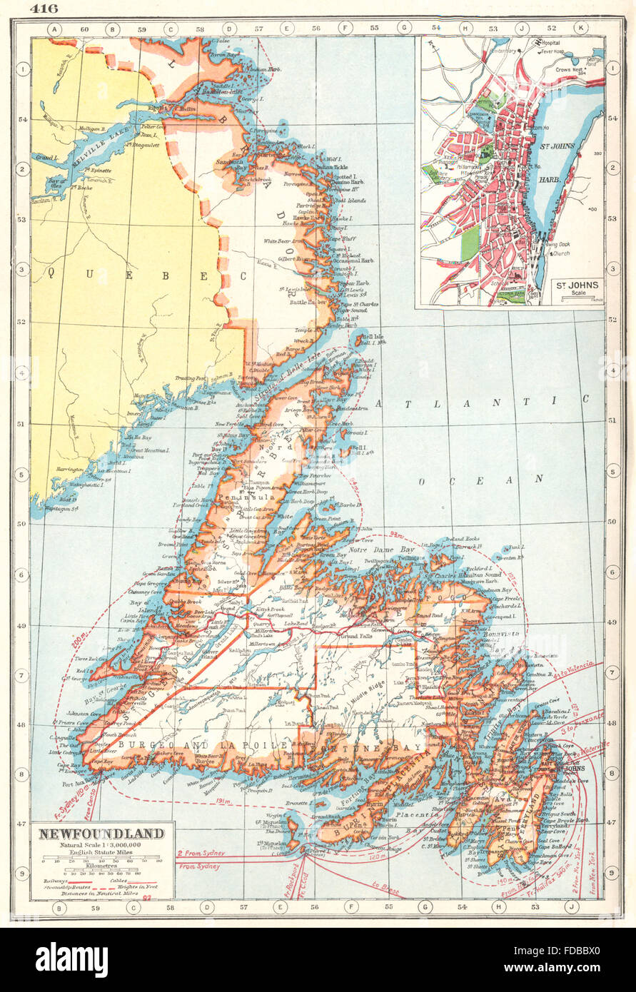 Neufundland: Einpresstiefe St Johns. Kanada. HARMSWORTH, 1920 Vintage Karte Stockfoto