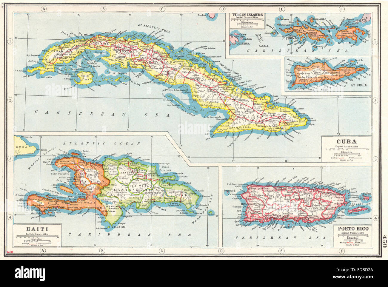 WEST INDIES: Kuba Puerto Rico Hispaniola Virgin Islands St. Croix Haiti, 1920-Karte Stockfoto