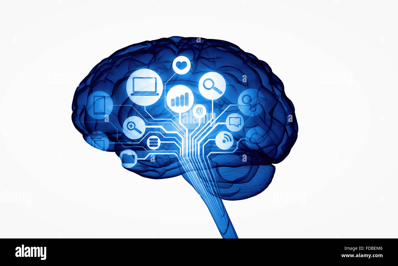 Konzept der menschlichen Intelligenz mit menschlichen Gehirn auf weißem Hintergrund digital Stockfoto