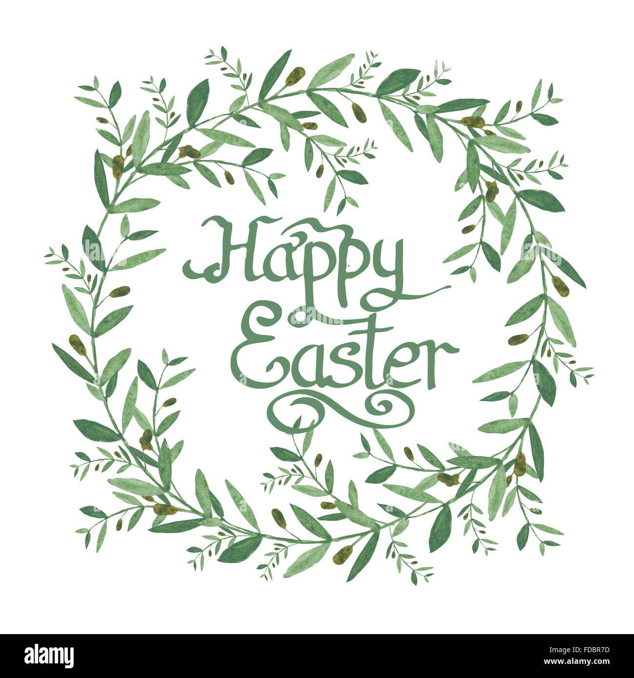 Happy Easter Text in Aquarell Olivenkranz. Isolierte Darstellung auf weißem Hintergrund. Biologische und natürliche Konzept Stockfoto