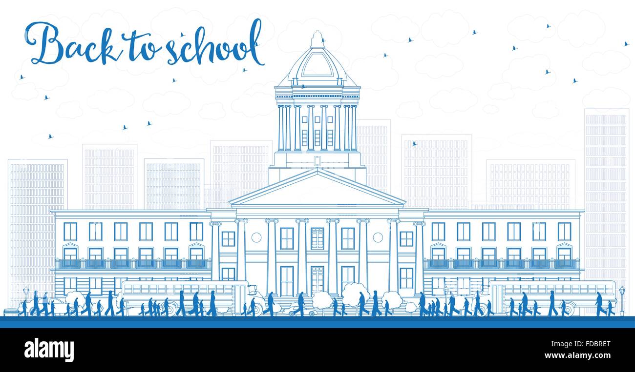 Landschaft mit Schulbus, Schulgebäude und Menschen zu skizzieren. Vektor-Illustration. Bildungskonzept. Stock Vektor