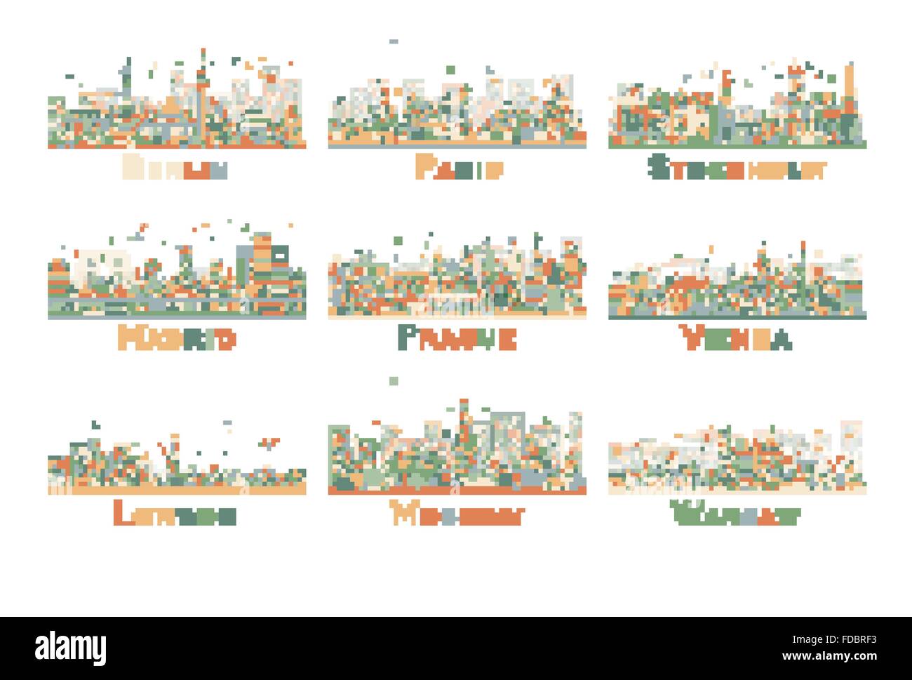 Satz von 9 Zusammenfassung Europa City-Skyline. Vektor-Illustration. Skyline mit Sehenswürdigkeiten. Business-Reisen und Tourismus-Konzept. Stock Vektor