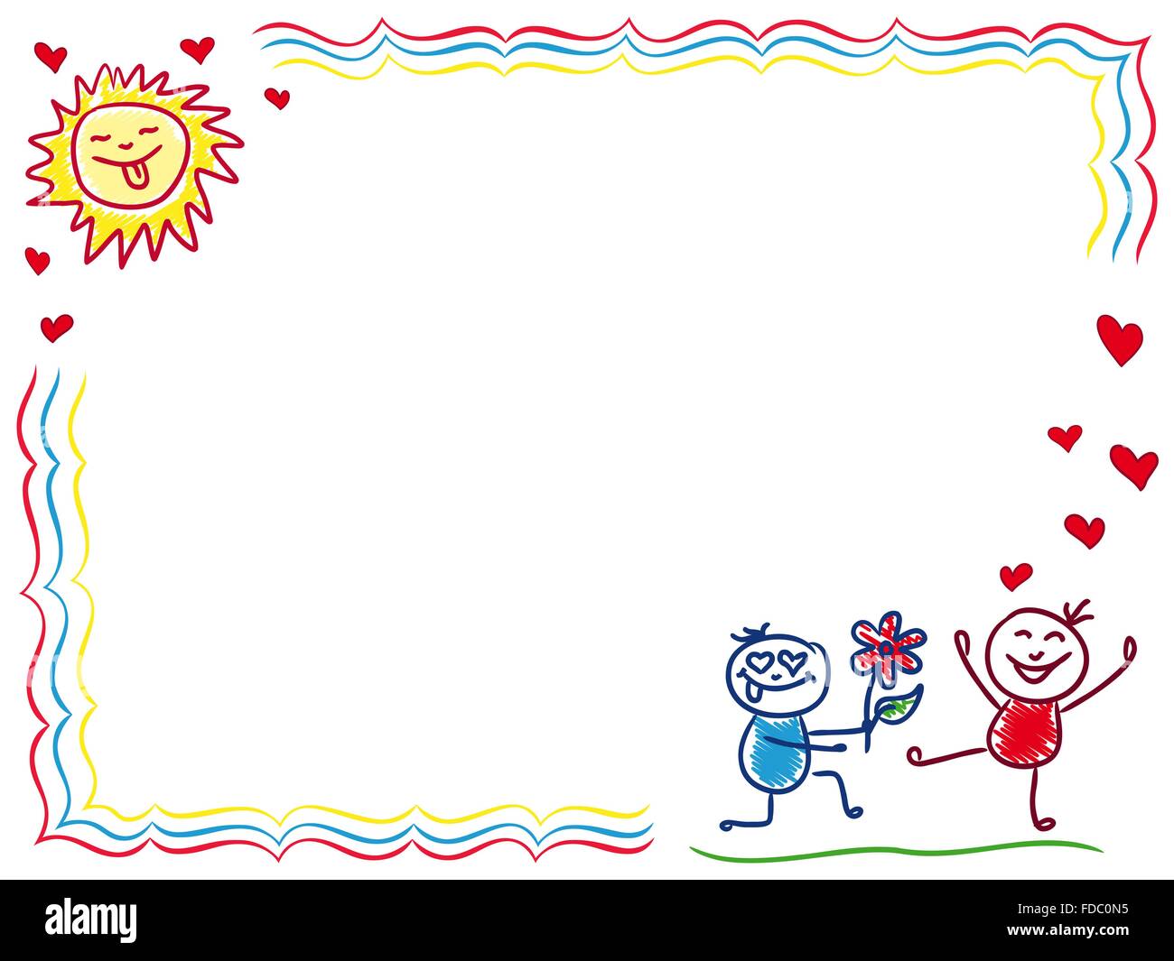 Junge auf einem Knie gibt eine Blume, einer Mädchen, Hand Zeichnung Vektor Cartoon Valentinstag-Grußkarte Stock Vektor