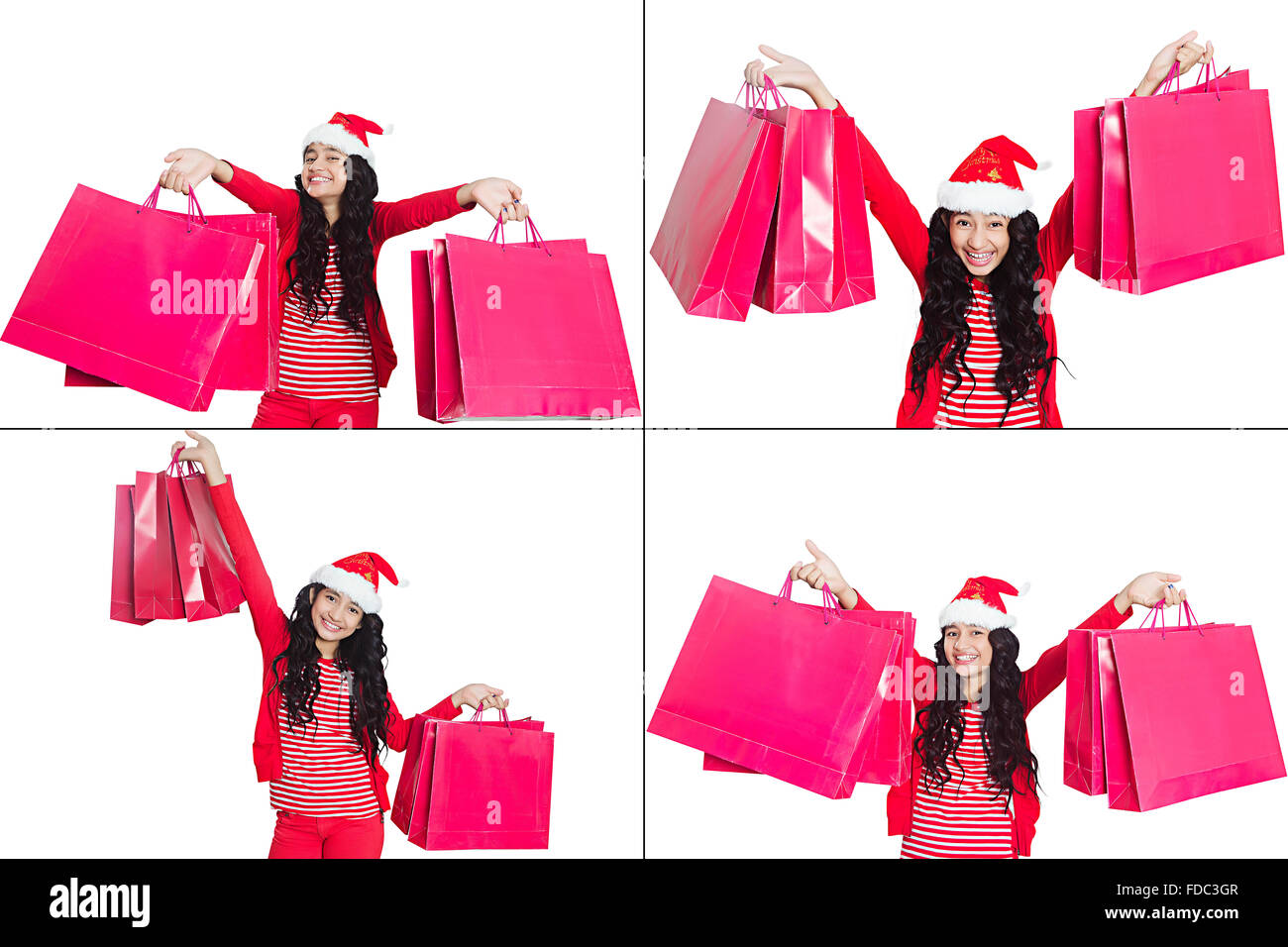 1 indischen junger Teenager Girl Shopping Bag Fülle shopping Weihnachtsfeier Gesichtsausdruck montage Bild Stockfoto