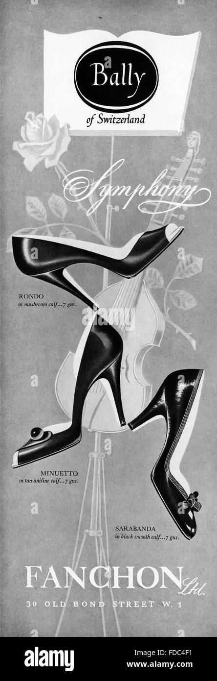 Original Vintage Anzeige aus der 1950er Jahre. Werbung von 1954 Werbung  Bally Schweiz Damen Schuhe zum Verkauf an Fanchon Old Bond Street London  Stockfotografie - Alamy