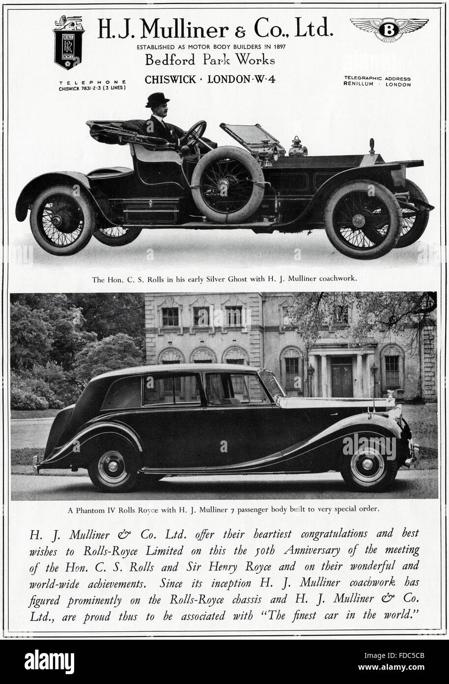 Original Vintage Anzeige aus der 1950er Jahre. Anzeige von 1954 Werbung Mulliner Karosseriebauer 50. Jubiläum der Rolls-Royce. Stockfoto