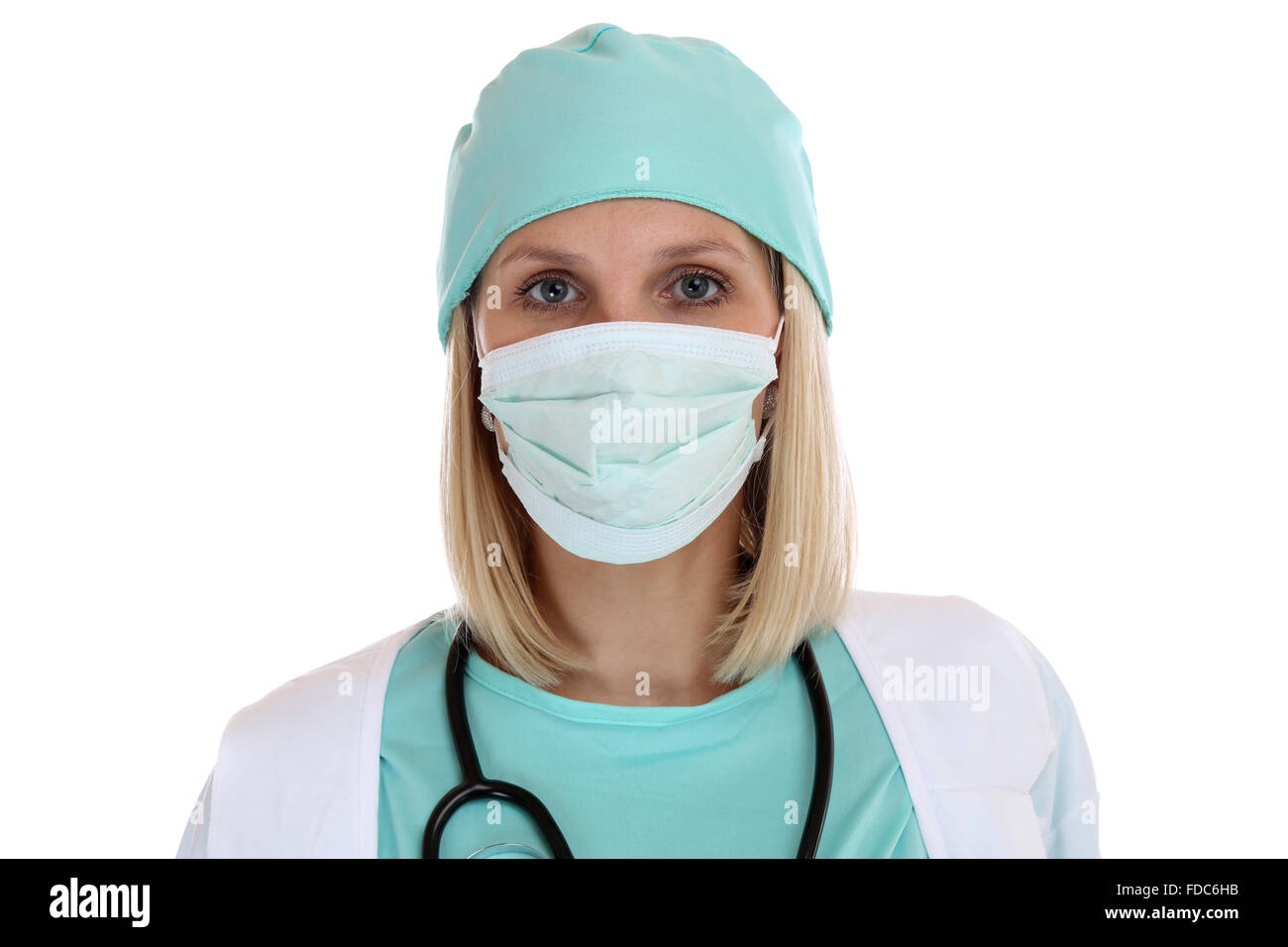 Junge Ärztin Frau Porträt mit Gesicht Maske Beruf Job isoliert auf weißem Hintergrund Stockfoto