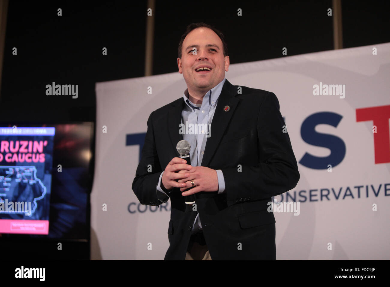 Ehemaliger Iowa Staatssekretär Matt Schultz spricht auf einer Kundgebung der Kampagne für GOP Präsidentschaftskandidat Senator Ted Cruz an Noahs Event Center 27. Januar 2016 in West Des Moines, Iowa. Stockfoto