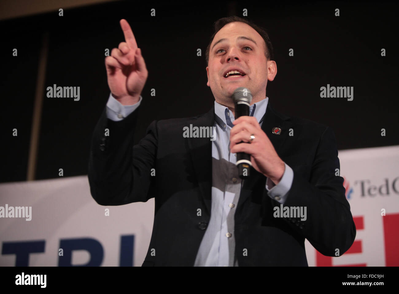 Ehemaliger Iowa Staatssekretär Matt Schultz spricht auf einer Kundgebung der Kampagne für GOP Präsidentschaftskandidat Senator Ted Cruz an Noahs Event Center 27. Januar 2016 in West Des Moines, Iowa. Stockfoto